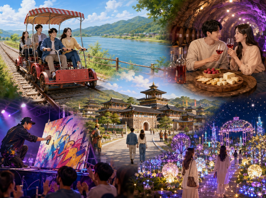 洛東江鐵道自行車（四人一輛）→山草莓紅酒洞窟（品嚐紅酒、餅乾或起司）→金海伽倻主題公園+五彩星光庭園+塗鴉秀GAYA王國→釜山金海機場／桃園機場